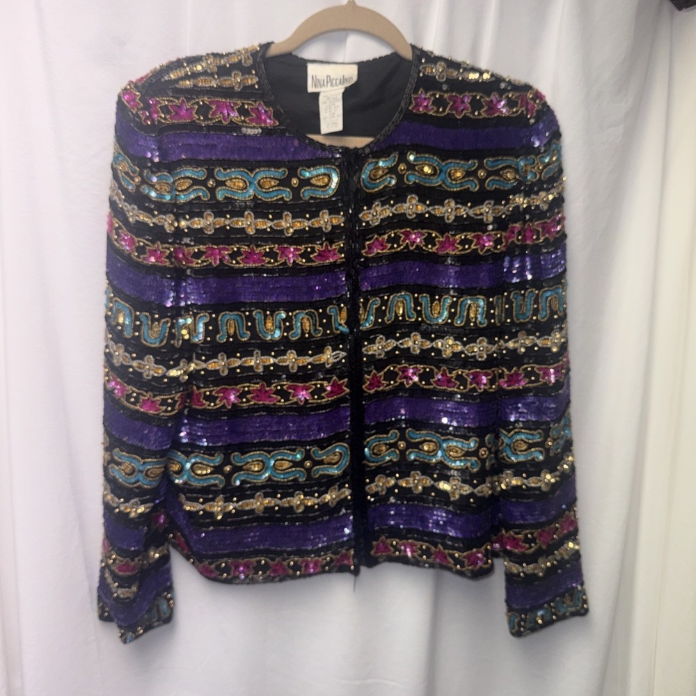 Vtg Beaded Bolero Evening Jacket Size 10 Y2K -90's - Fully Sequin Bead -Hook